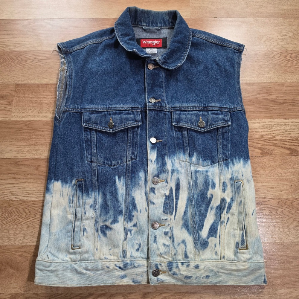 Wrangler Vest Mens Medium Hero Denim Trucker Custom Bleach Cut Off Blue